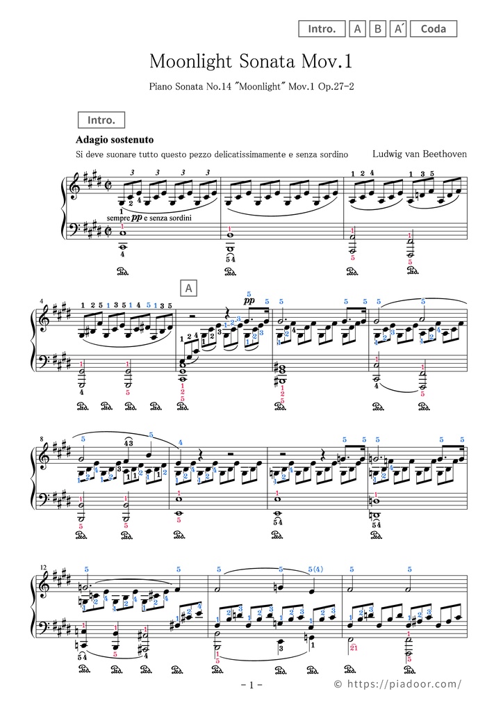 Moonlight Sonata Mov.1 Sheet Music For Piano (With Letters / With Finger Numbers)