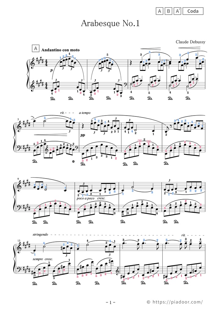 Arabesque No. 1 Sheet Music For Piano (With Letters / With Finger Numbers)