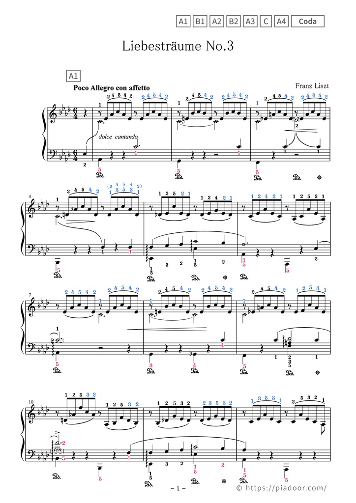 Liebesträume No.3 Sheet Music For Piano (With Letters / With Finger Numbers)