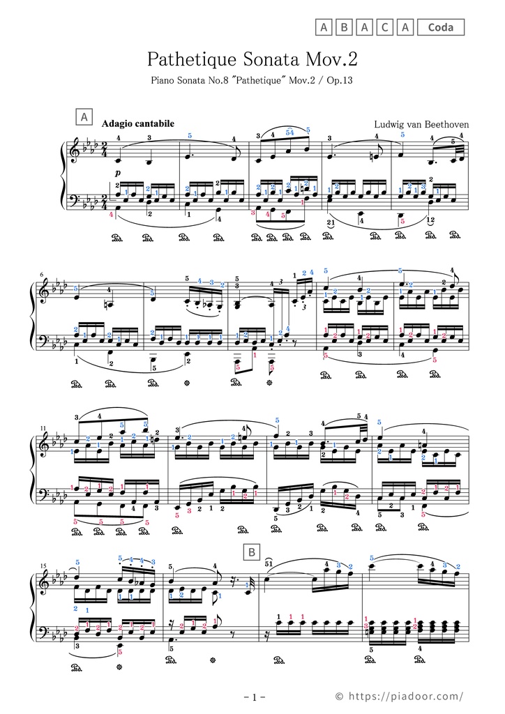 Pathétique Mov.2 Sheet Music For Piano (With Letters / With Finger Numbers)