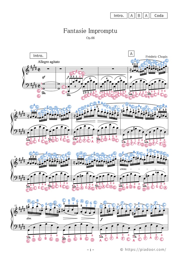 Fantaisie Impromptu Sheet Music For Piano (With Letters / With Finger Numbers)