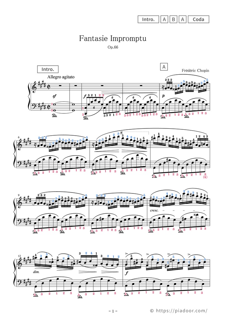 Fantaisie Impromptu Sheet Music For Piano (With Letters / With Finger Numbers)