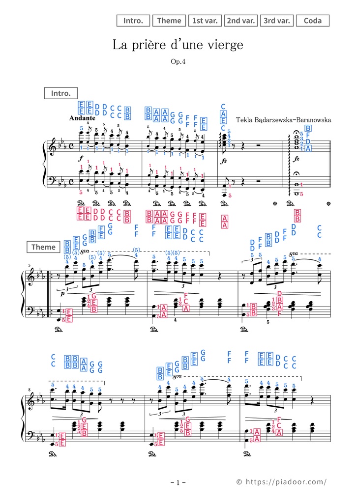 La prière d'une vierge Sheet Music For Piano (With Letters / With Finger Numbers)