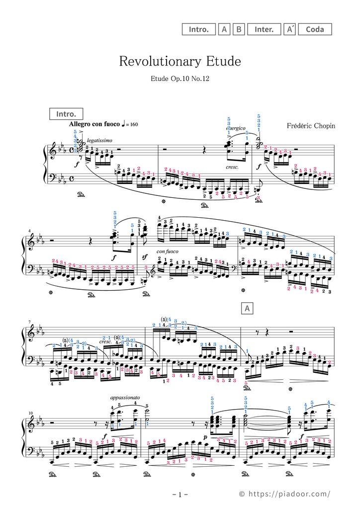 Revolutionary Etude Sheet Music For Piano (With Letters / With Finger Numbers)