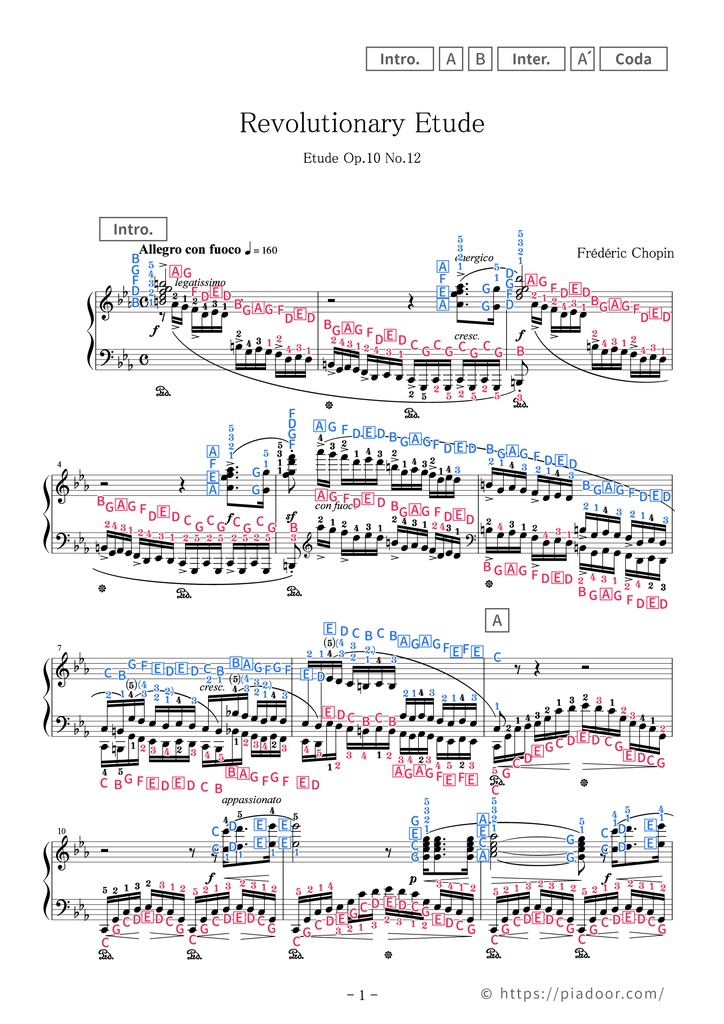 Revolutionary Etude Sheet Music For Piano (With Letters / With Finger Numbers)