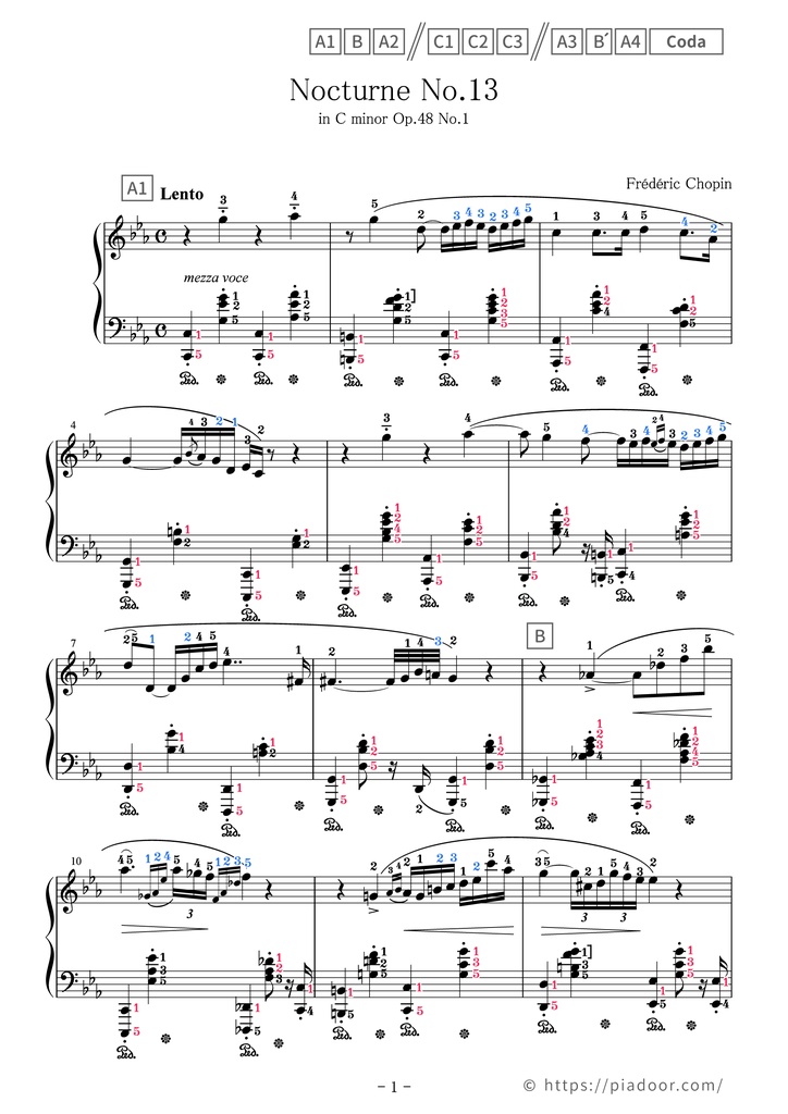Nocturne No.13 in C minor Sheet Music For Piano (With Letters / With Finger Numbers)
