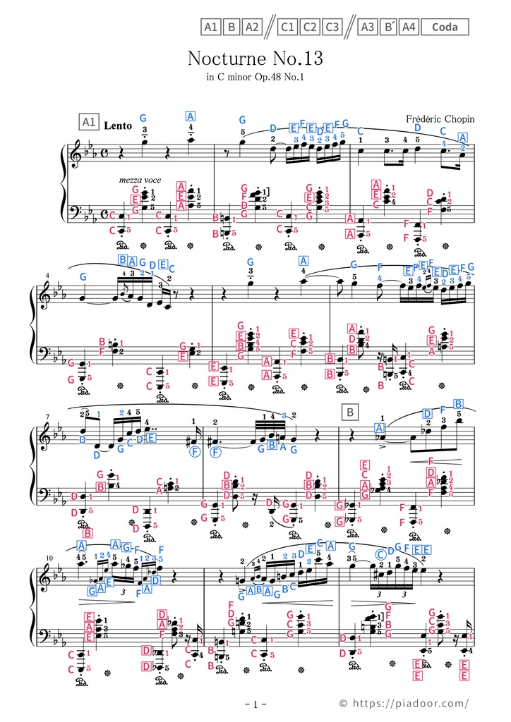 Nocturne No.13 in C minor Sheet Music For Piano (With Letters / With Finger Numbers)