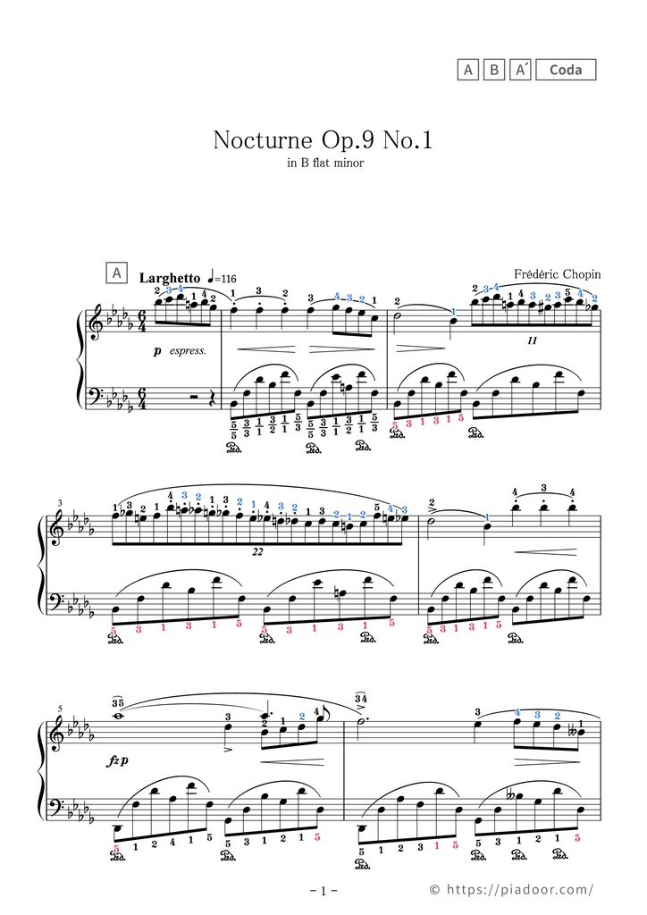 Nocturne No.1 in B flat minor Sheet Music For Piano (With Letters / With Finger Numbers)