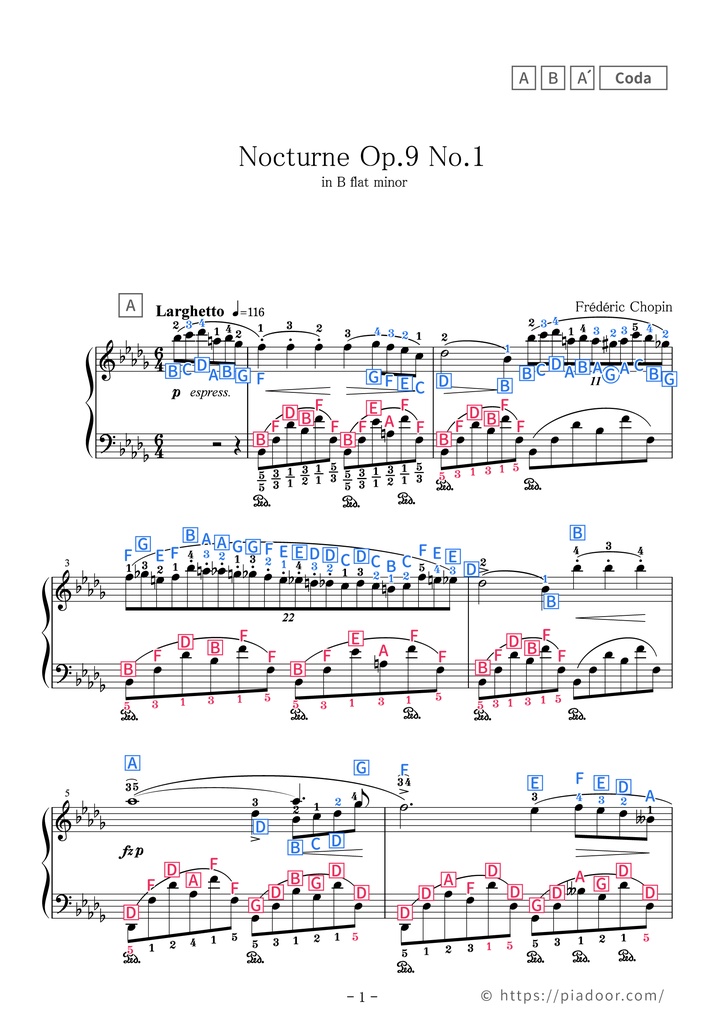 Nocturne No.1 in B flat minor Sheet Music For Piano (With Letters / With Finger Numbers)