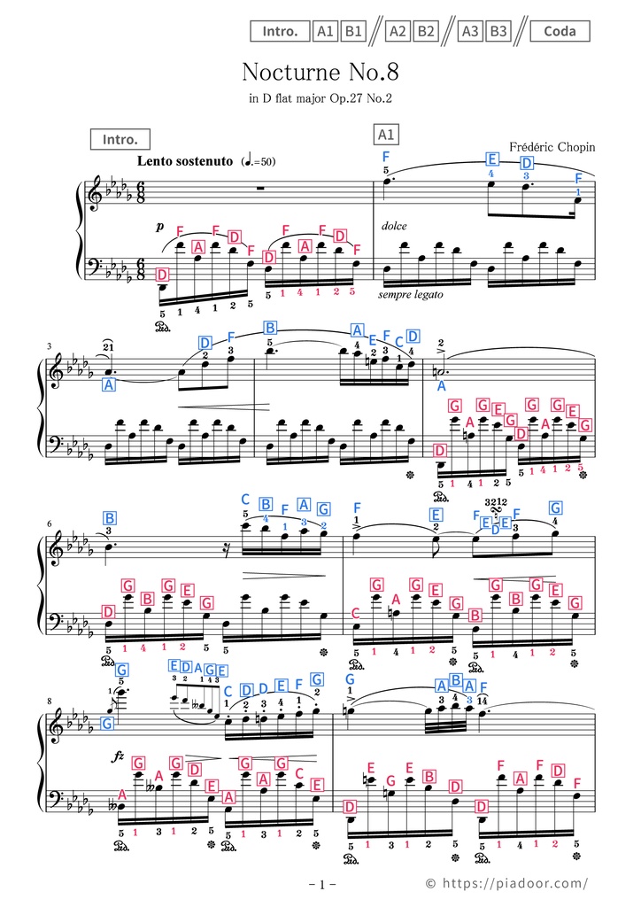 Nocturne No.8 in D flat major Sheet Music For Piano (With Letters / With Finger Numbers)