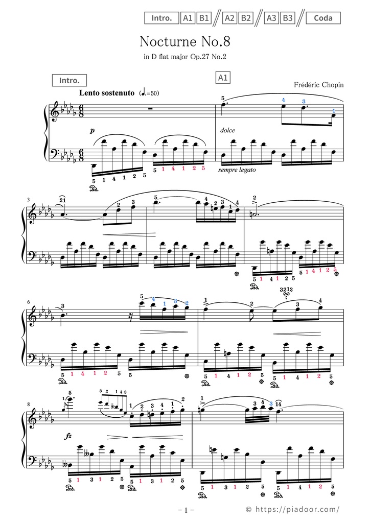 Nocturne No.8 in D flat major Sheet Music For Piano (With Letters / With Finger Numbers)