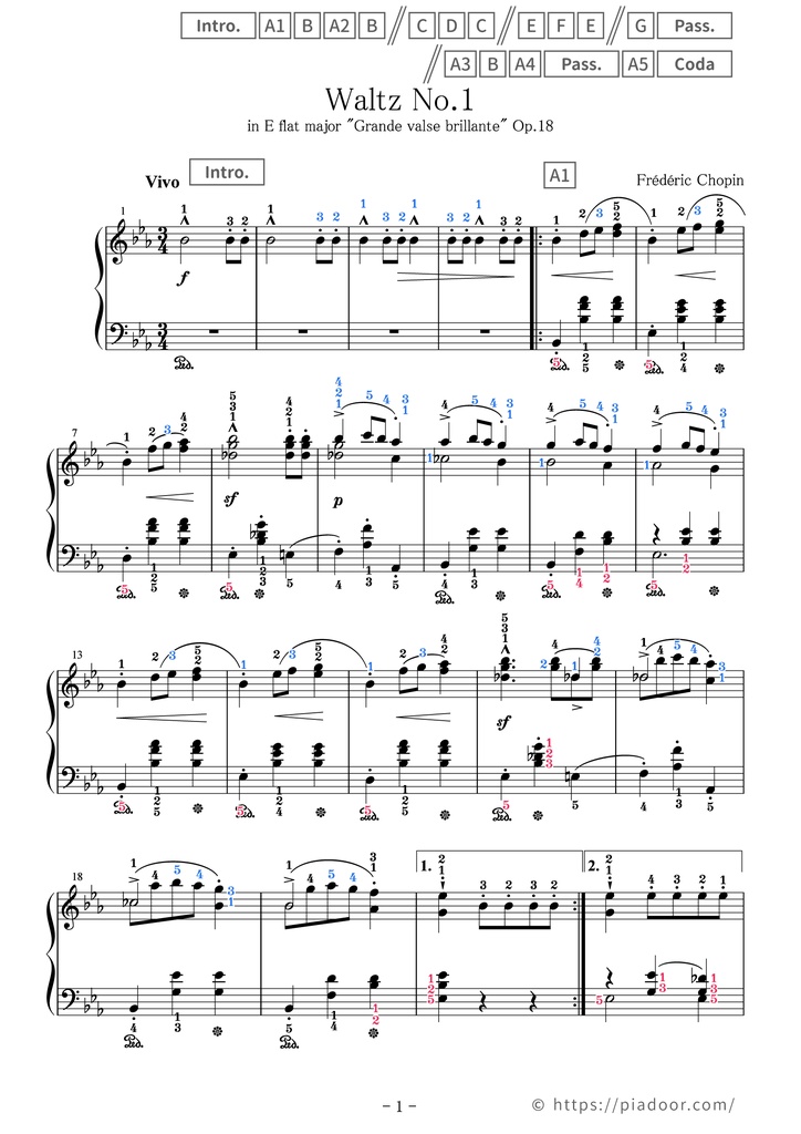Grande valse brillante Sheet Music For Piano (With Letters / With Finger Numbers)