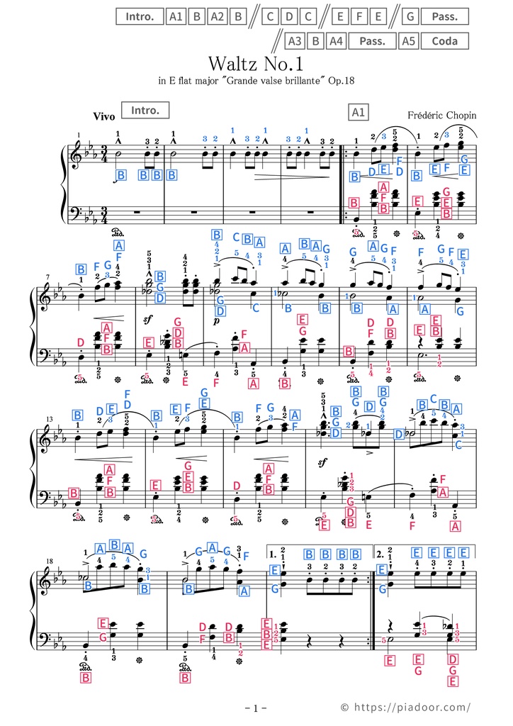 Grande valse brillante Sheet Music For Piano (With Letters / With Finger Numbers)