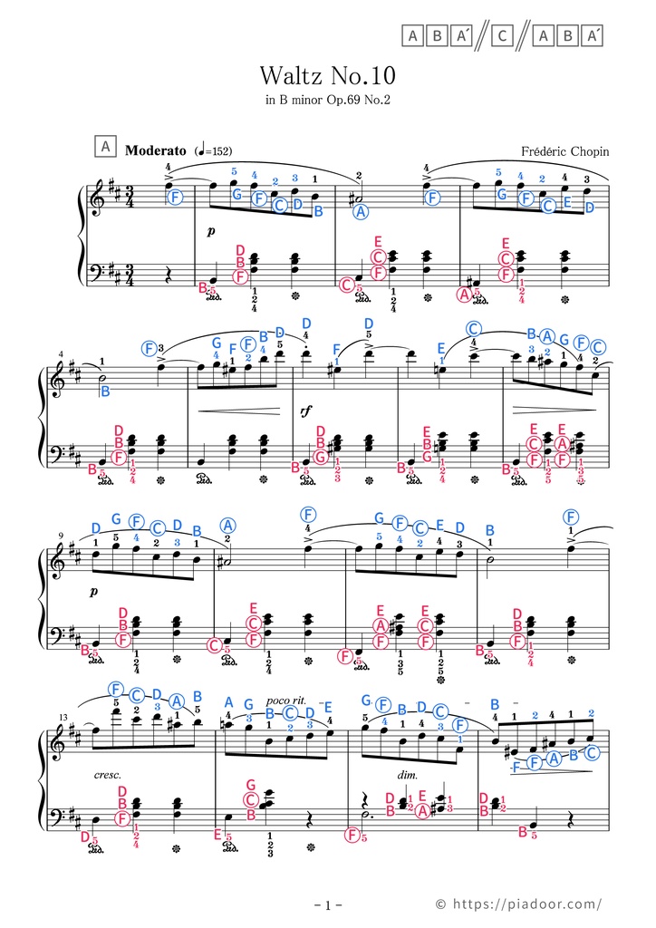 Waltz No.10 in B minor Sheet Music For Piano (With Letters / With Finger Numbers)