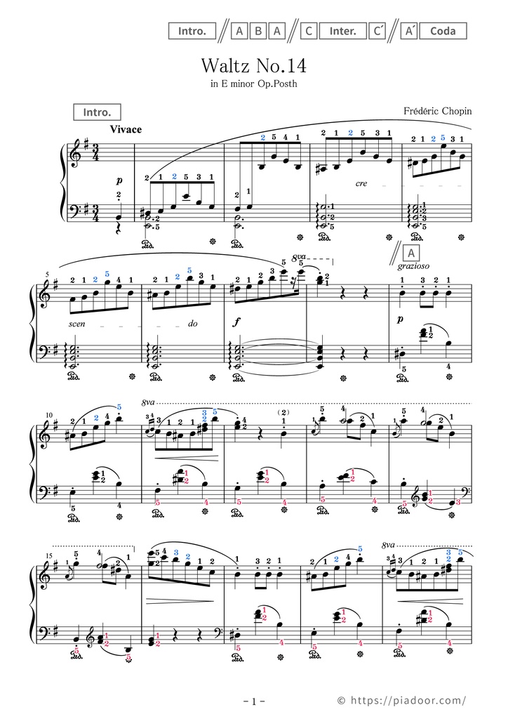 Waltz No.14 in E minor Sheet Music For Piano (With Letters / With Finger Numbers)