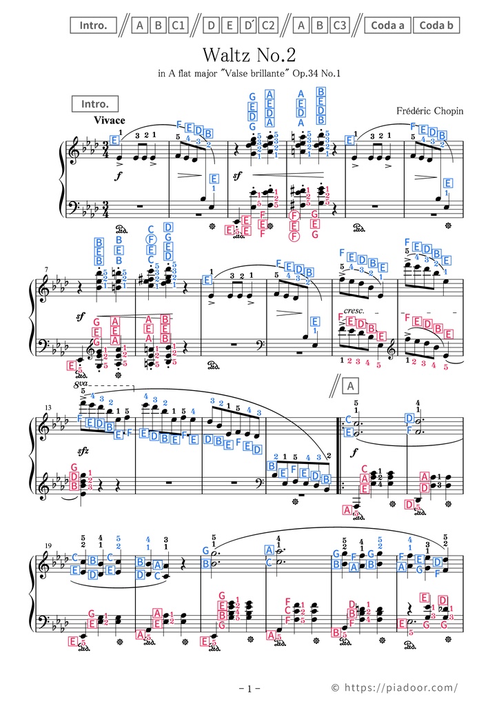 Waltz No.2 in A flat major "Valse brillante" Sheet Music For Piano (With Letters / With Finger Numbers)