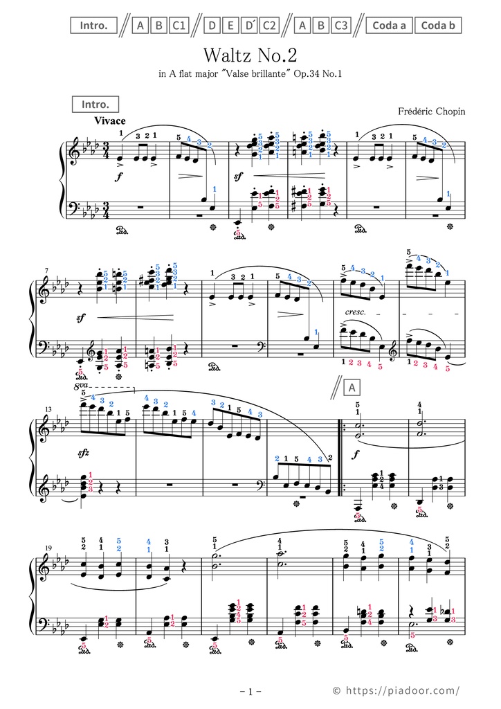 Waltz No.2 in A flat major "Valse brillante" Sheet Music For Piano (With Letters / With Finger Numbers)