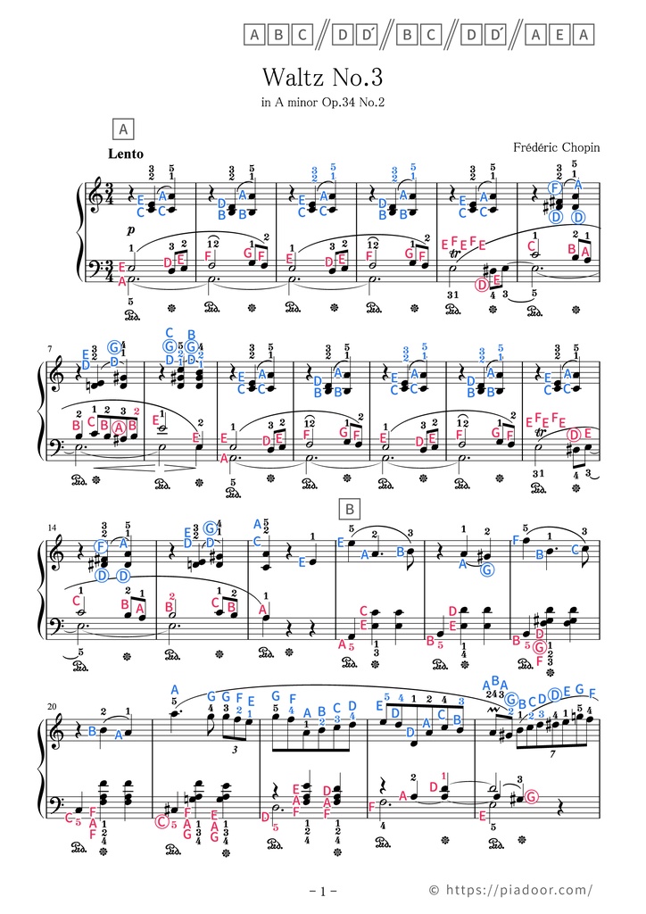 Waltz No.3 in A minor Op.34 No.2 Sheet Music For Piano (With Letters / With Finger Numbers)