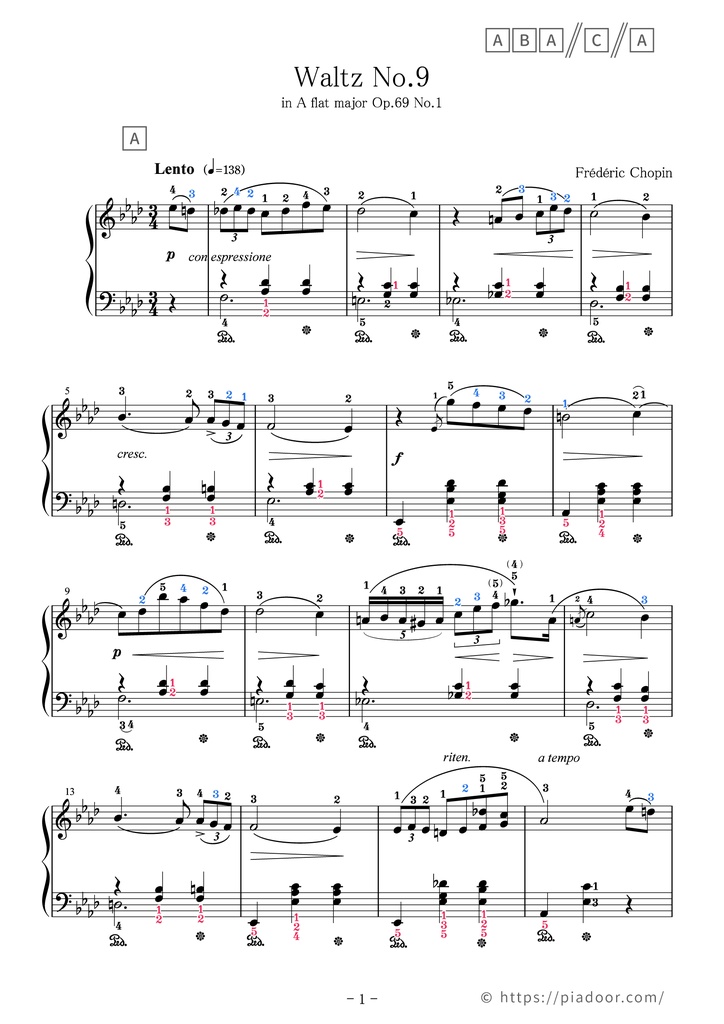 Waltz No.9 in A flat major Sheet Music For Piano (With Letters / With Finger Numbers)