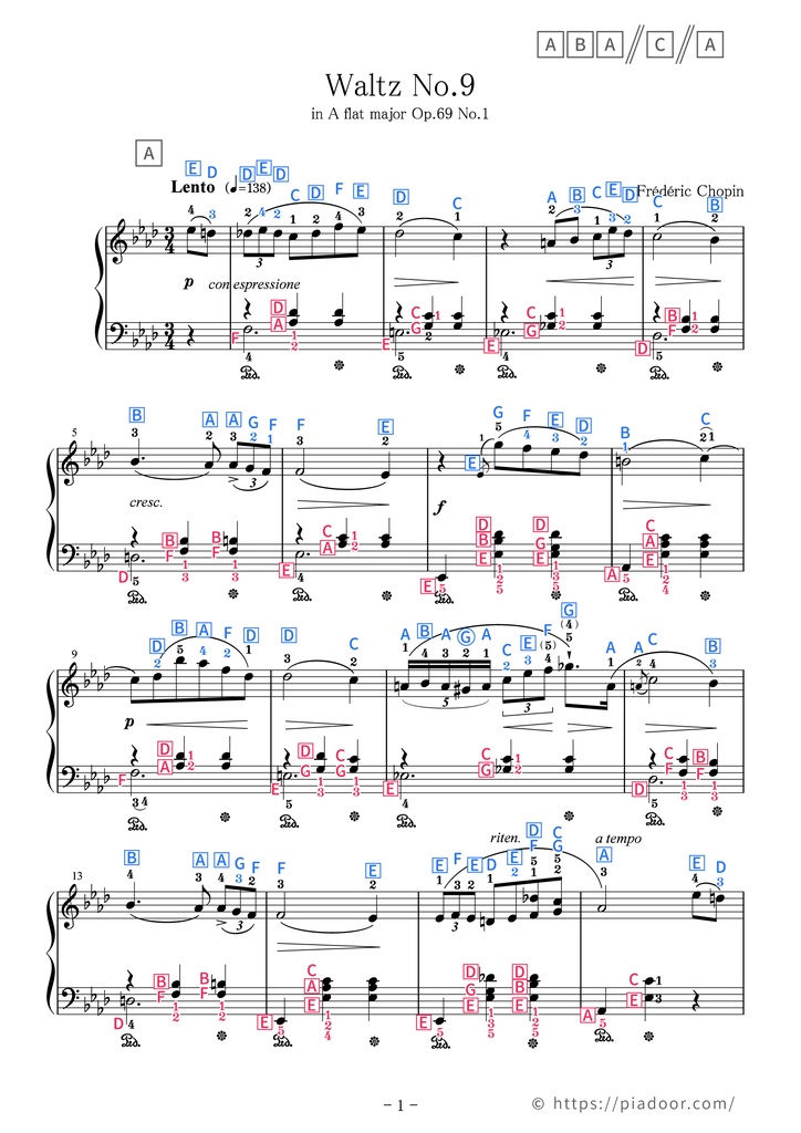 Waltz No.9 in A flat major Sheet Music For Piano (With Letters / With Finger Numbers)