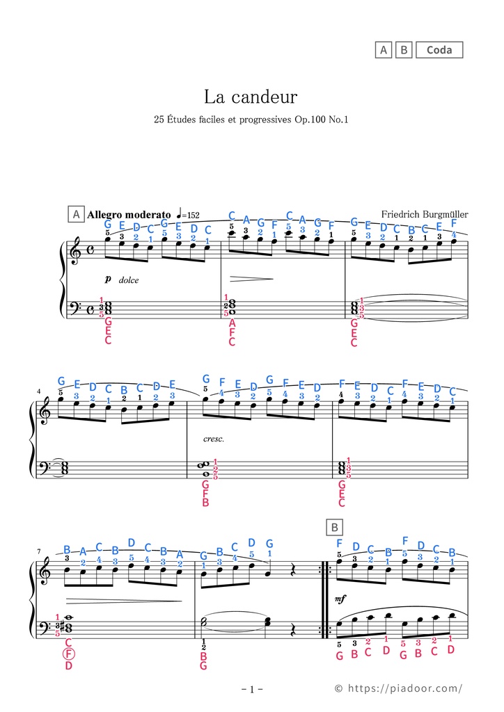 25 Études faciles et progressives 1. La candeur Sheet Music For Piano (With Letters / With Finger Numbers)