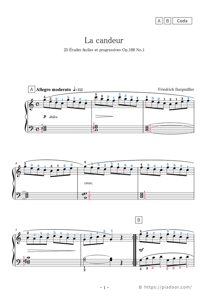 25 Études faciles et progressives 1. La candeur Sheet Music For Piano (With Letters / With Finger Numbers)