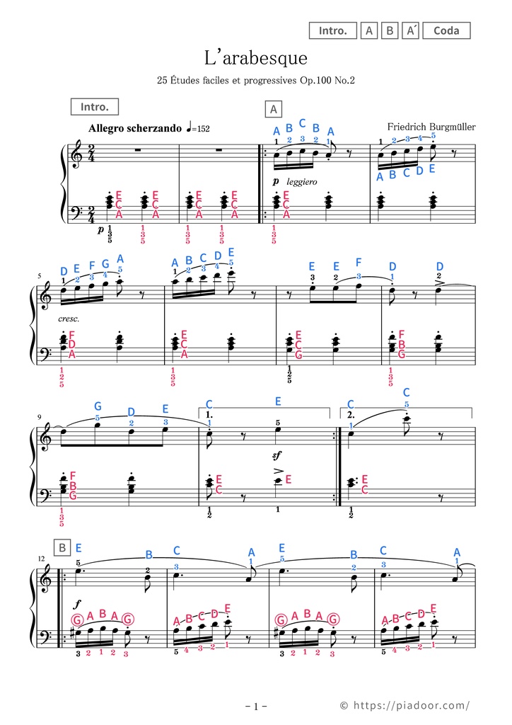 25 Études faciles et progressives 2. L'arabesque Sheet Music For Piano (With Letters / With Finger Numbers)