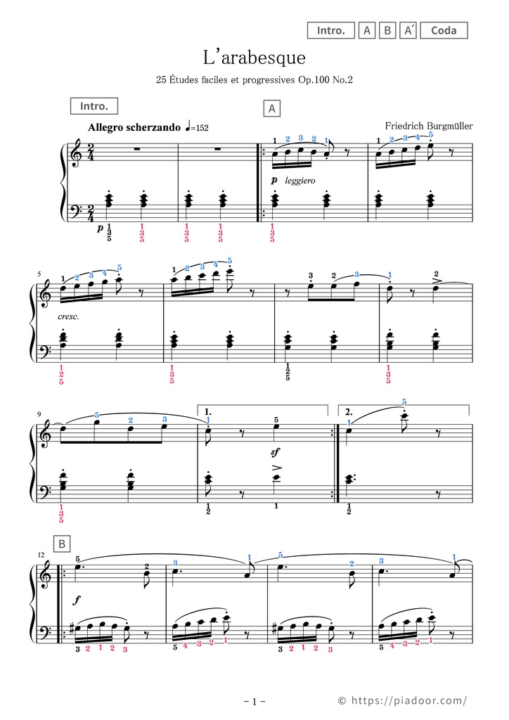 25 Études faciles et progressives 2. L'arabesque Sheet Music For Piano (With Letters / With Finger Numbers)