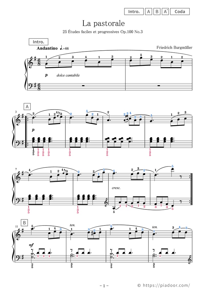 25 Études faciles et progressives 3. La pastorale Sheet Music For Piano (With Letters / With Finger Numbers)