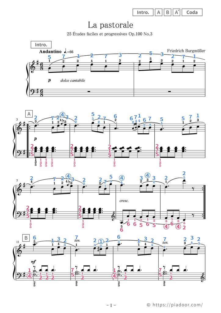 25 Études faciles et progressives 3. La pastorale Sheet Music For Piano (With Letters / With Finger Numbers)