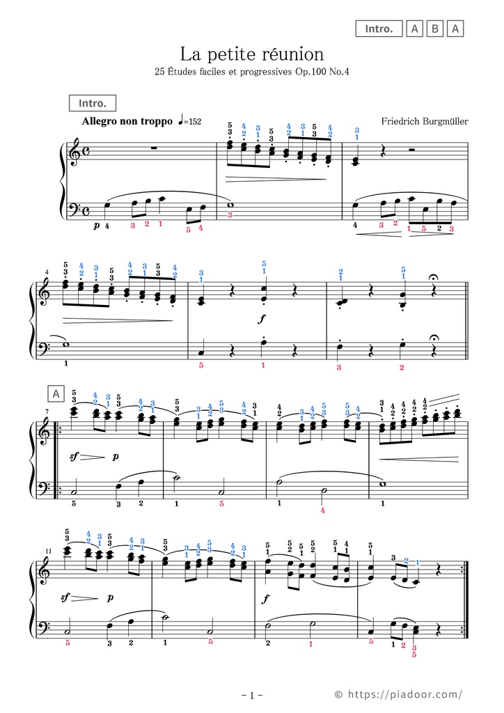 25 Études faciles et progressives 4. La petite réunion Sheet Music For Piano (With Letters / With Finger Numbers)