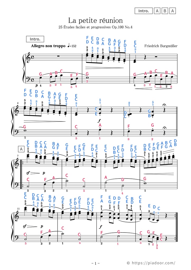 25 Études faciles et progressives 4. La petite réunion Sheet Music For Piano (With Letters / With Finger Numbers)