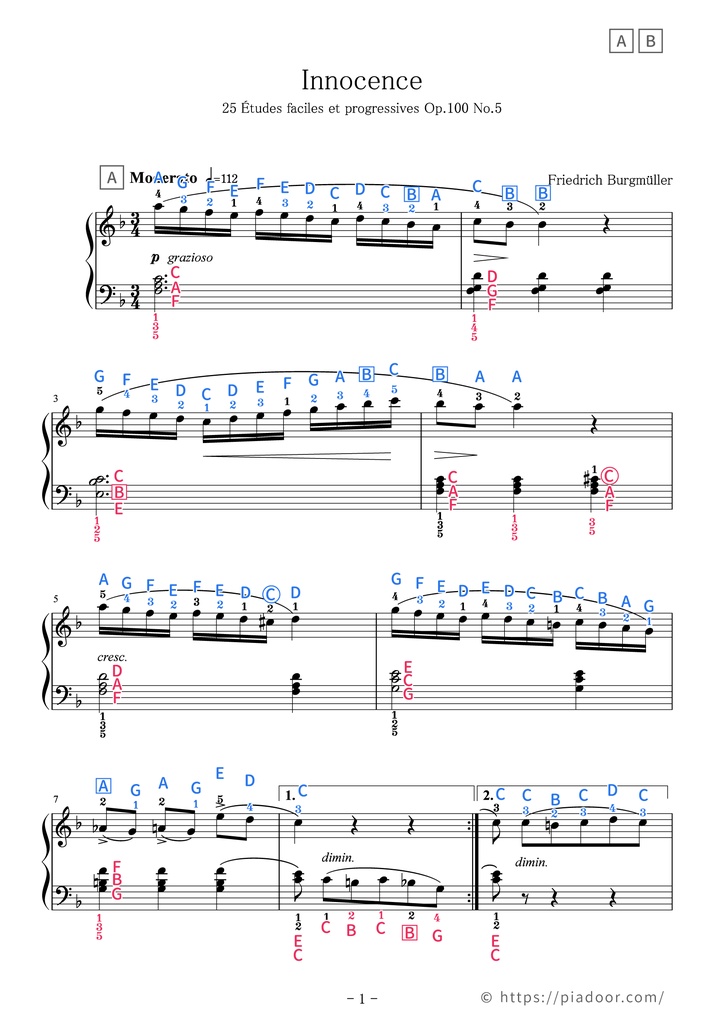 25 Études faciles et progressives 5. Innocence Sheet Music For Piano (With Letters / With Finger Numbers)