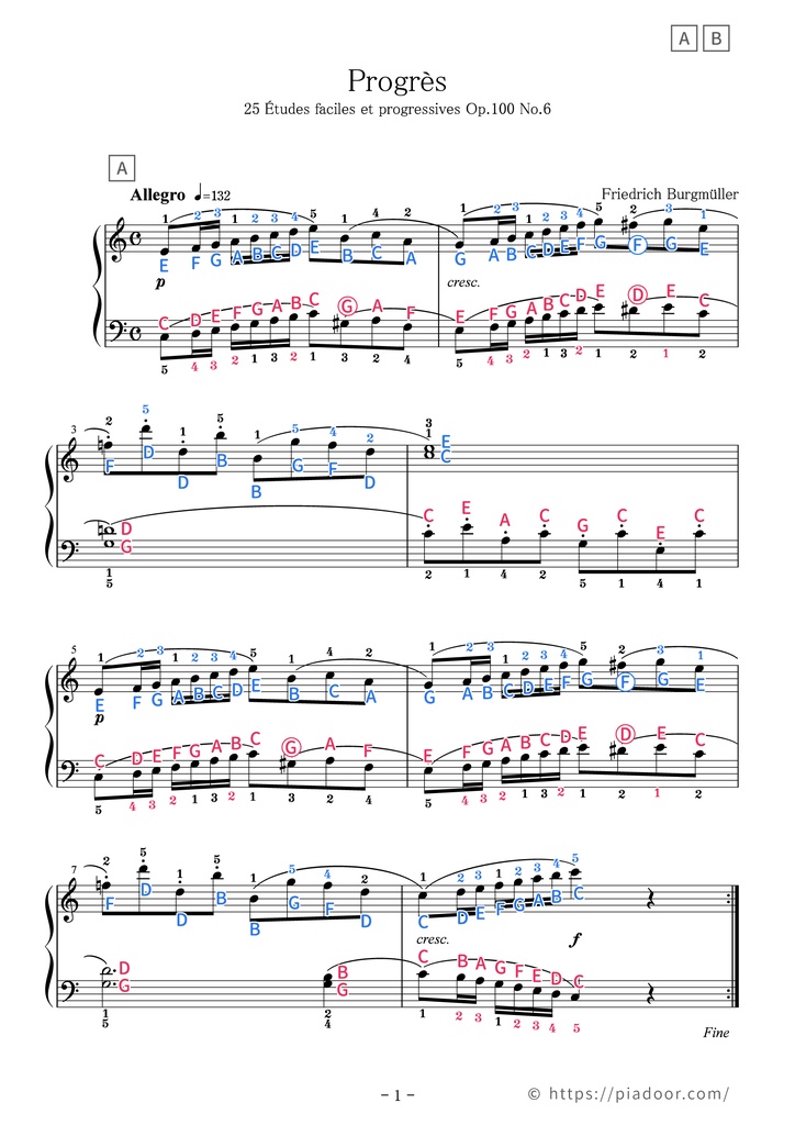 25 Études faciles et progressives 6. Progrès Sheet Music For Piano (With Letters / With Finger Numbers)