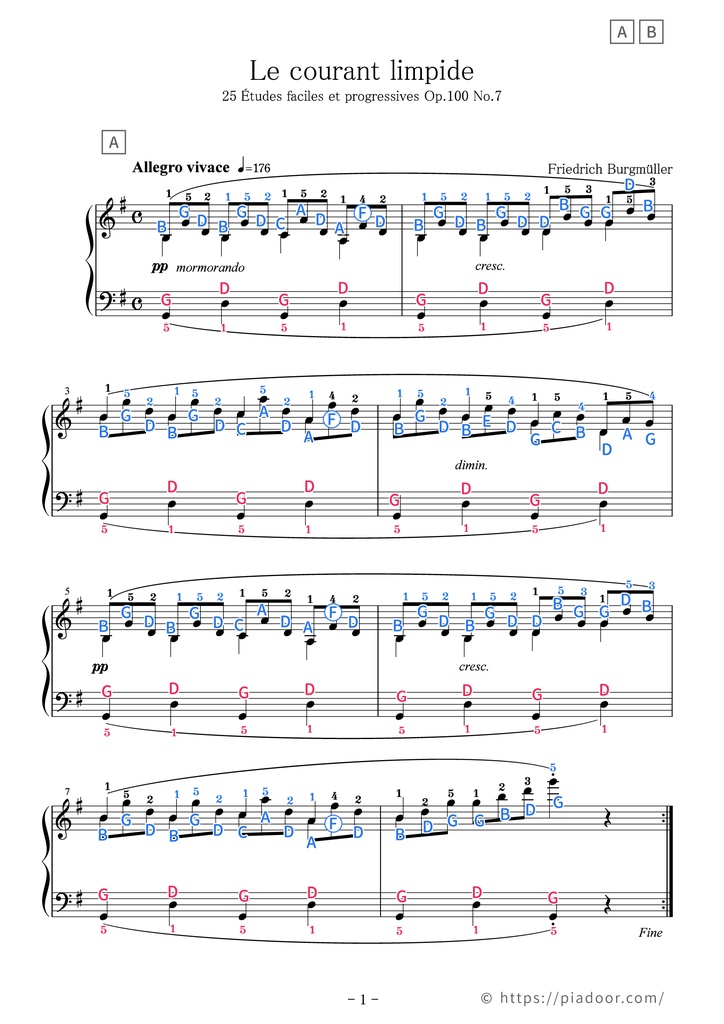 25 Études faciles et progressives 7. Le courant limpide Sheet Music For Piano (With Letters / With Finger Numbers)