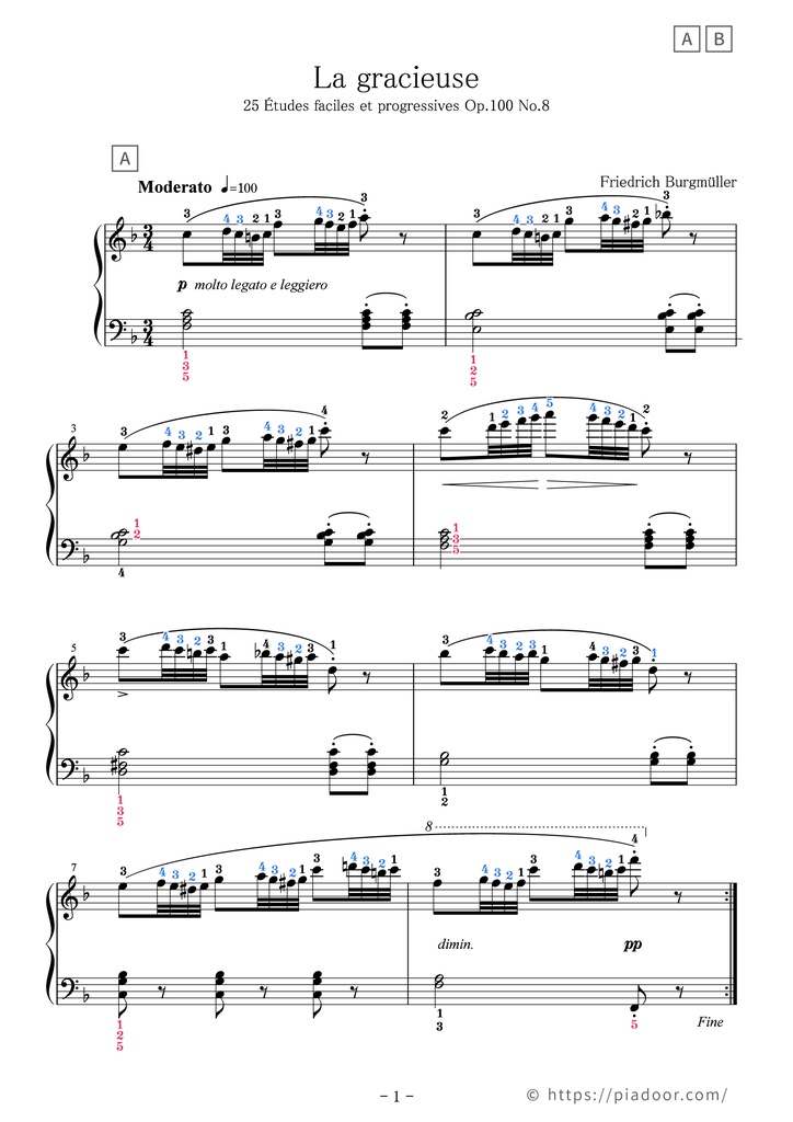 25 Études faciles et progressives 8. La gracieuse Sheet Music For Piano (With Letters / With Finger Numbers)