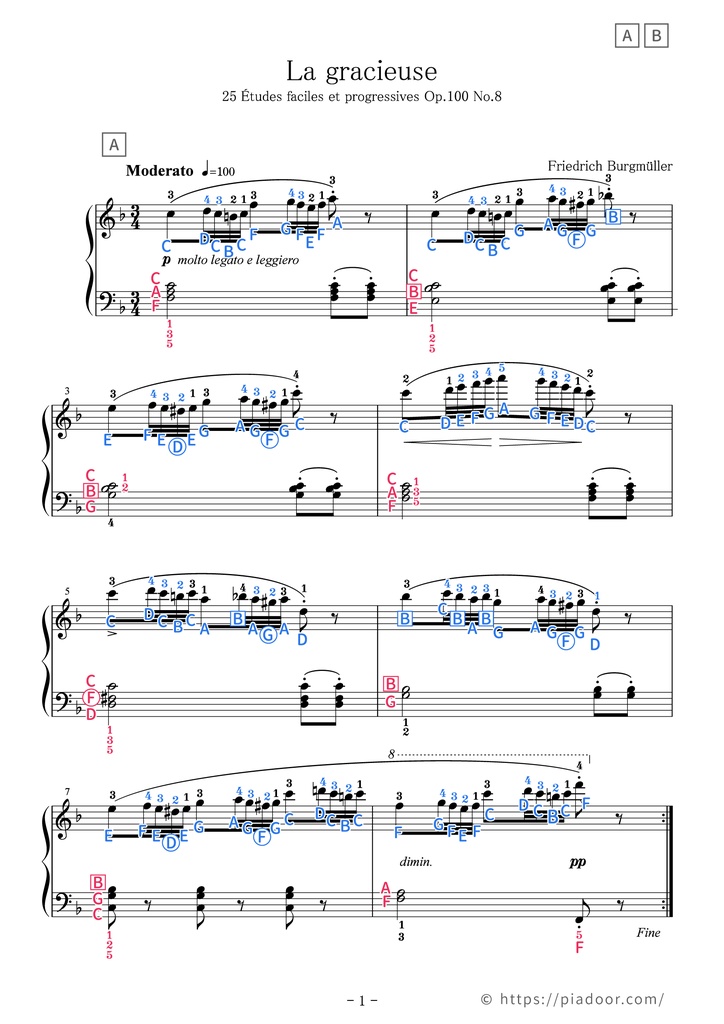 25 Études faciles et progressives 8. La gracieuse Sheet Music For Piano (With Letters / With Finger Numbers)