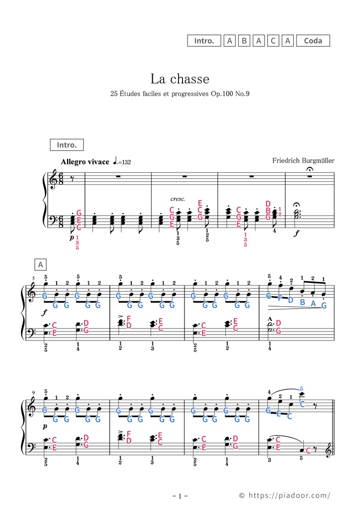 25 Études faciles et progressives 9. La chasse Sheet Music For Piano (With Letters / With Finger Numbers)