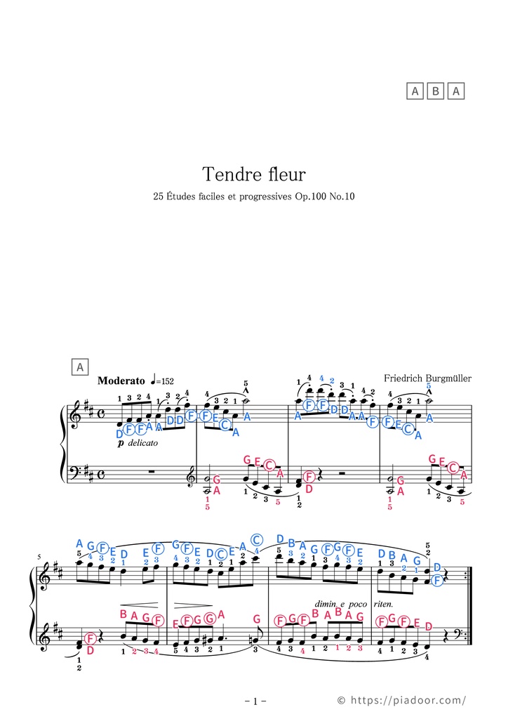 25 Études faciles et progressives 10. Tendre fleur Sheet Music For Piano (With Letters / With Finger Numbers)c