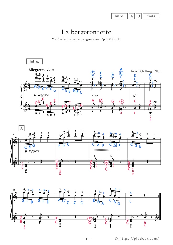 25 Études faciles et progressives 11. La bergeronnette Sheet Music For Piano (With Letters / With Finger Numbers)