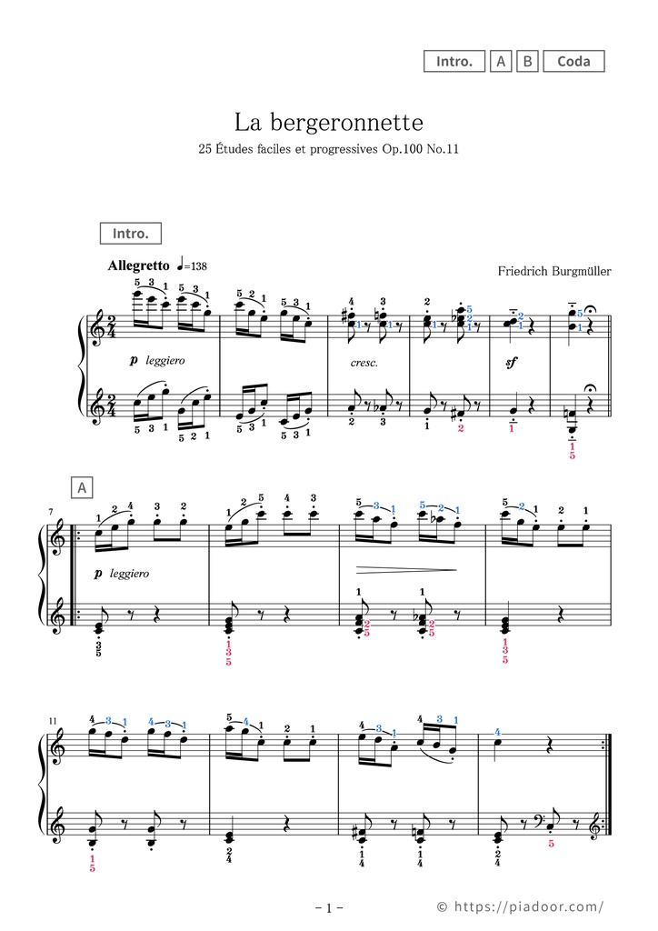 25 Études faciles et progressives 11. La bergeronnette Sheet Music For Piano (With Letters / With Finger Numbers)