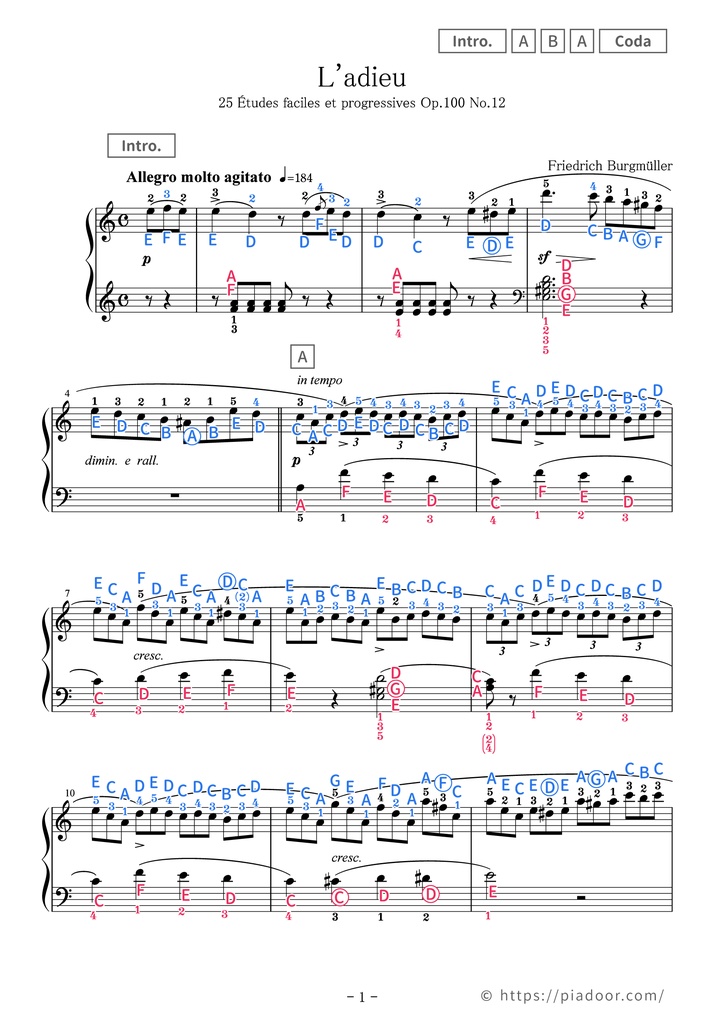 25 Études faciles et progressives 12. L'adieu Sheet Music For Piano (With Letters / With Finger Numbers)