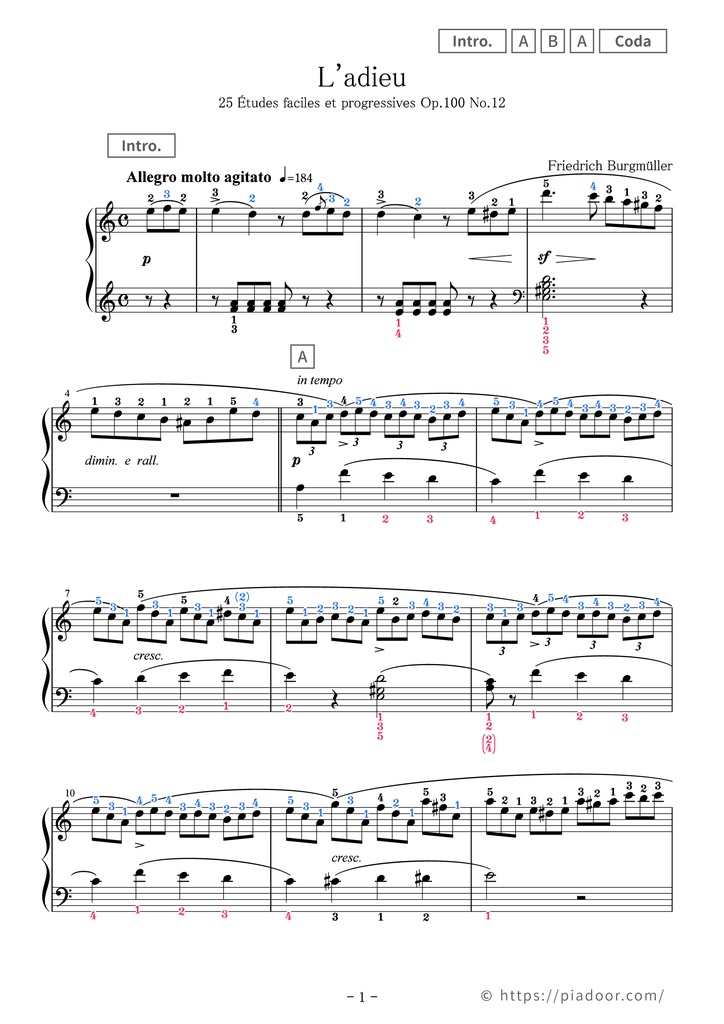 25 Études faciles et progressives 12. L'adieu Sheet Music For Piano (With Letters / With Finger Numbers)