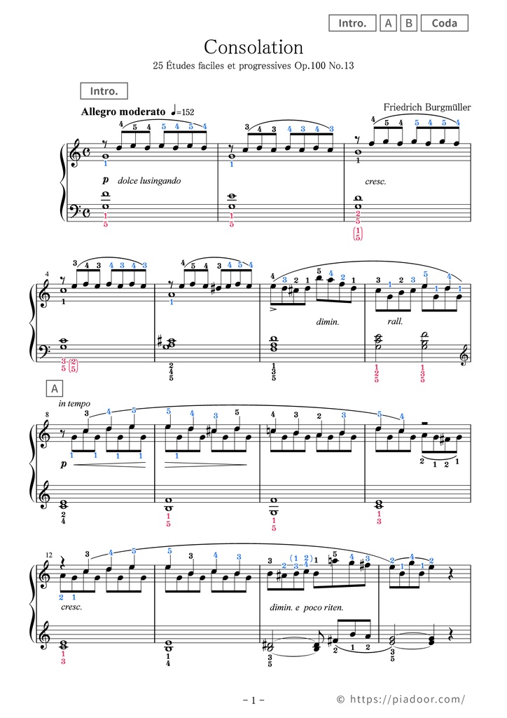 25 Études faciles et progressives 13. Consolation Sheet Music For Piano (With Letters / With Finger Numbers)