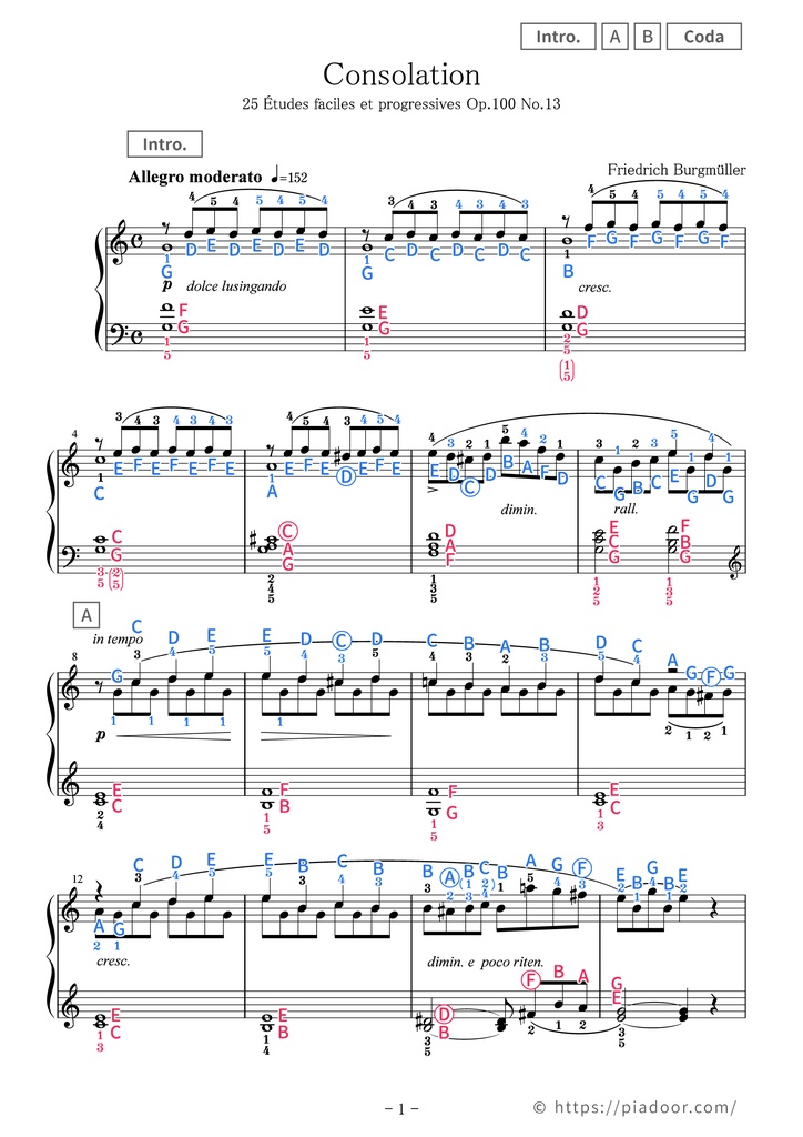 25 Études faciles et progressives 13. Consolation Sheet Music For Piano (With Letters / With Finger Numbers)