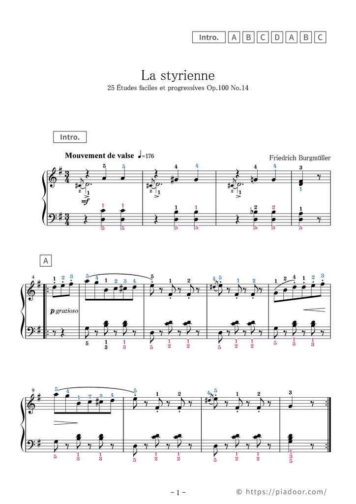 25 Études faciles et progressives 14. La styrienne Sheet Music For Piano (With Letters / With Finger Numbers)