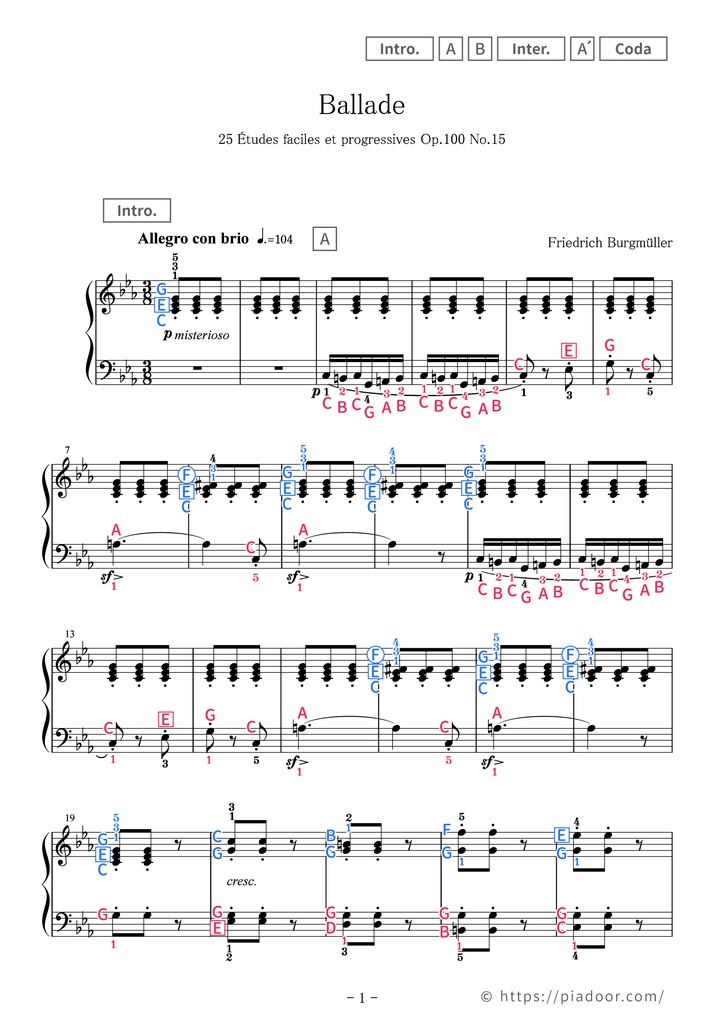 25 Études faciles et progressives 15. Ballade Sheet Music For Piano (With Letters / With Finger Numbers)