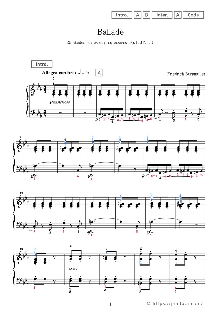 25 Études faciles et progressives 15. Ballade Sheet Music For Piano (With Letters / With Finger Numbers)