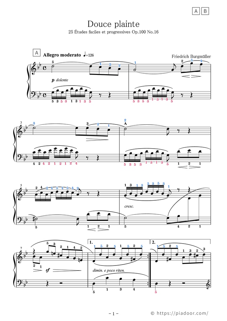 25 Études faciles et progressives 16. Douce plainte Sheet Music For Piano (With Letters / With Finger Numbers)