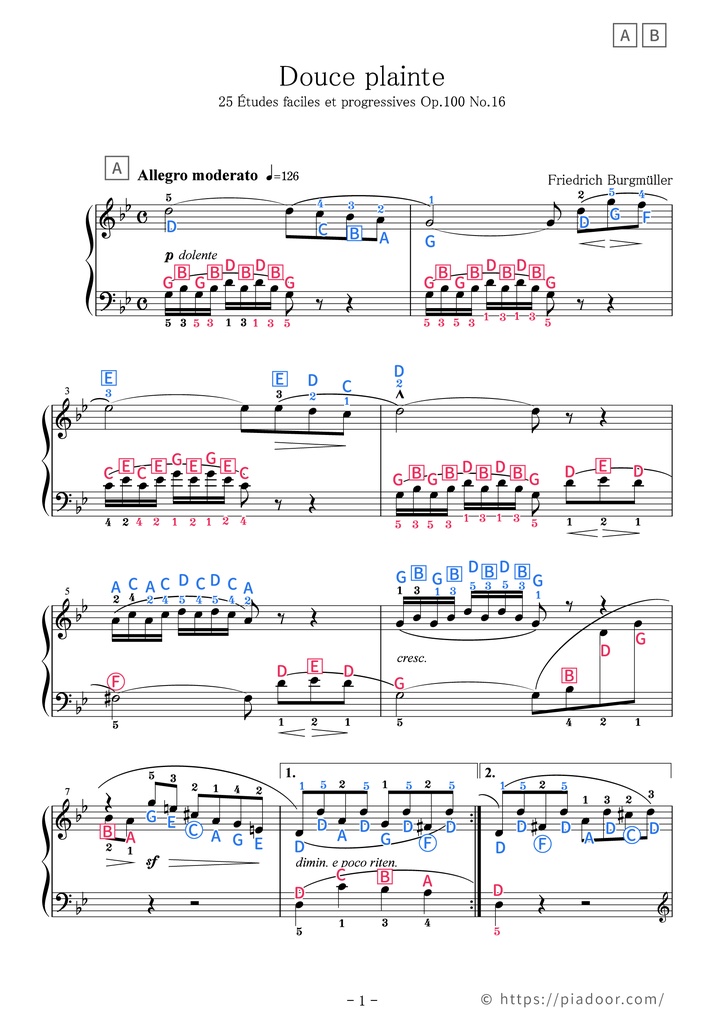 25 Études faciles et progressives 16. Douce plainte Sheet Music For Piano (With Letters / With Finger Numbers)